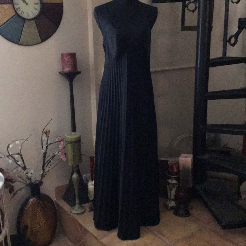 Vintage Sophisticated Sexy Black Pleated Long Maxi Nightgown Slip Dress Chemise